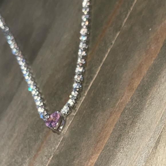 Pink Heart Gemstone, Simulated Cz Rhinestone Tennis, Bridal, Glamorous Necklace - Picture 6 of 15